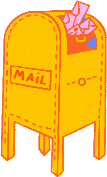 A yellow mailbox that says "mail" on the side, with a bunch of pink envelopes spilling out of the top