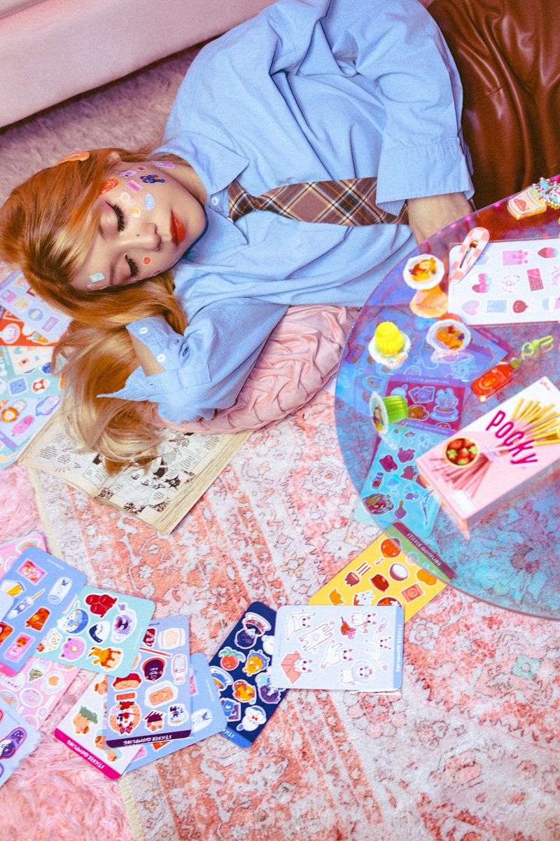 Sabrina with stickers in studio