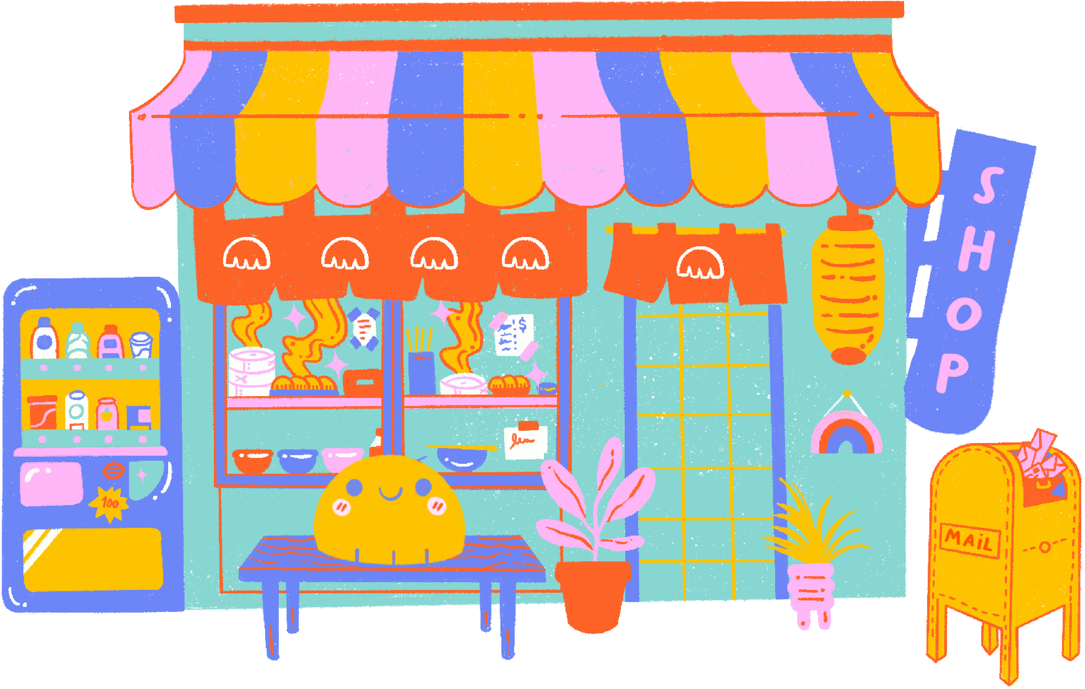 The store front of a dumpling store full of stickers!