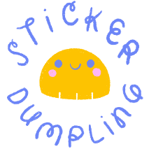 a cute, smiling dumpling surrounded by stylish text that wraps around it in a circle and says, "Sticker Dumpling"