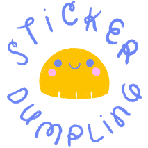 My logo: a cute, smiling dumpling surrounded by stylish text that wraps around it in a circle and says, "Sticker Dumpling"